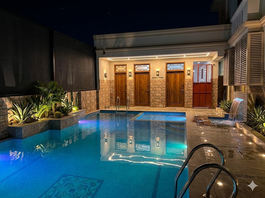 Aphrodite room S15, Art Le Cafe Auroville — pool area at night